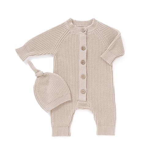 mimixiong Cotton Baby Romper Newborn Baby Knitted Clothes Longsleeve Sweater Outfit for Boy and Girls with Warm Hat Set
