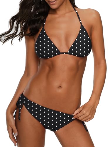 Womens Cute Bikini Sets Two Piece Swimsuit Floral Teen Bikini 2 piece Bathing Suits Swim Suit 2025 Black Dots M