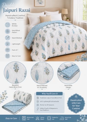Image of RRC Cotton Jaipuri Comforter for Double Bed | Floral Print Lightweight Rajai | 200 GSM AC Quilt | Soft Breathable Summer Quilt | Pack of 1