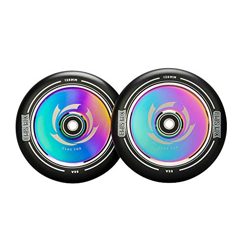 CLAS FOX 1 Pair Pro Stunt Scooter Wheel Hollow Wheels with Abec 9 Bearings for MGP/Razor/Lucky/Envy/Vokul Scooter (2pcs) (Black-Rainbow, 120MM)