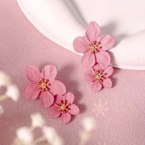 Double Flower Earrings - 3D Floral Dangle Boho Chic Wild Flower Statement Jewelry for Women Girls Wedding Party (Pink)3