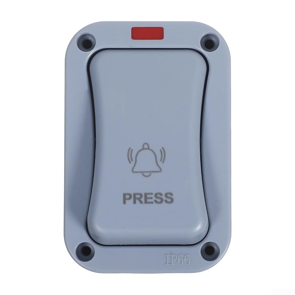 IP66 Waterproof Outdoor Doorbell Switch with LED Light 20A 250V Industrial Surfaces Mount Heavy Duty Door Bell Button for Warehouse Garage Gate in Grey Weatherproof