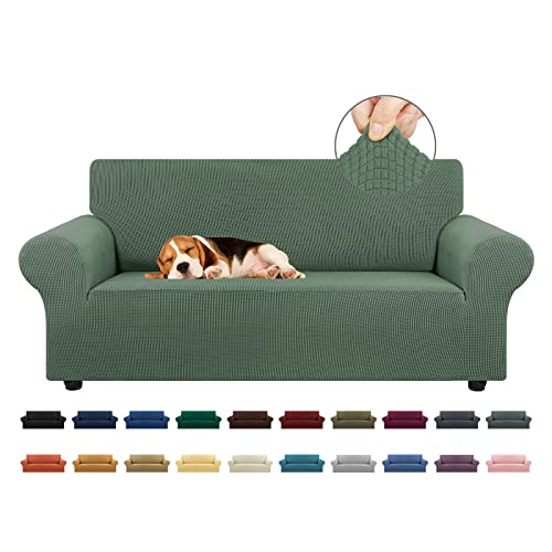 KEKUOU Stretch Loveseat Sofa Cover Slipcover,Couch Covers for 2 Cushion Couch Sofa (55"-78") Furniture Protector Sofa with Elastic Bottom for Kid,Dog. Jacquard Small Checked (Medium,Greyish Green)