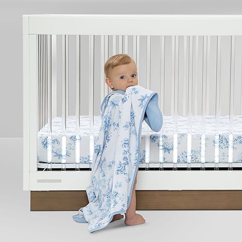 Image of Delta Children 100% Organic Cotton Fitted Crib Sheets, Blue Botanicals + 100% Organic Jersey Cotton Baby Receiving Blankets - 30x40 Inches - GOTS Certified (Pack of 2) (Bundle)