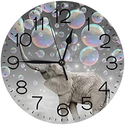 Home Decor Funny Elephant with Bubble Grey Round Wall Clock Acrylic Silent Non-Ticking Decorative Clocks for Living Room Kitchen