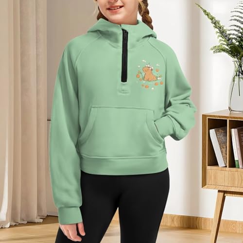 Girl's Fashion Hoodies Long Sleeve Half Zip Up Cropped Unisex Kid Sweatshirts Hooded with Pocket Pullover Tops4