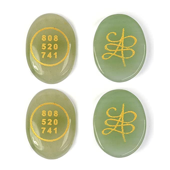 Image of Pre Energized Natural Superior Green Aventurine with Angle number & Zibu Symbol Cabochon Coin for Good Luck for Money and Relationship Certified Feng Shui Both Side 2 Pcs