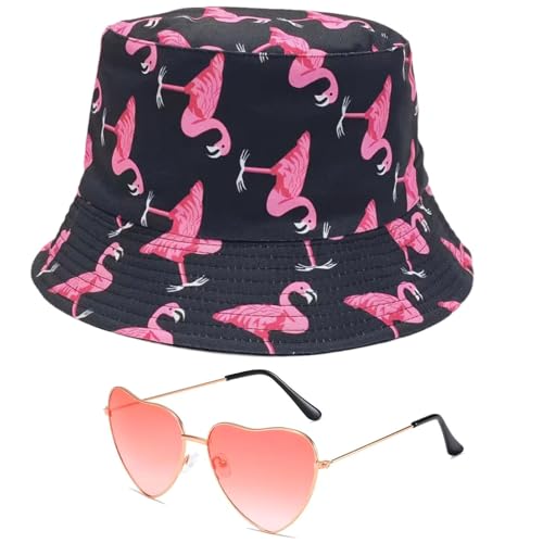Fischerhut Flamingo, Reversibel Fischerhüte mit Retro Brillen in Herzform, Sonnenhut for Damen und Herren, 2 in 1 Sommerhut, Faltbarer Bucket Hat...