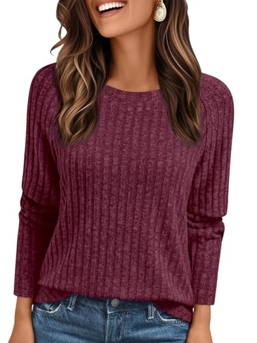 AirMood T-shirts elegantes casuais de manga comprida para mulher, gola redonda, soltas, Vermelho vinho, L