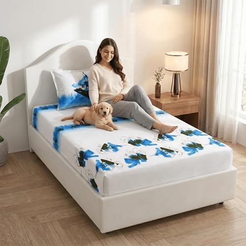 Image of Mafatlal Soft Cotton Single Bed Sheet Combo Pack of 2 with Pillow Covers | Floral Printed Bedsheets for Single Bed | Beige Brown & White Blue
