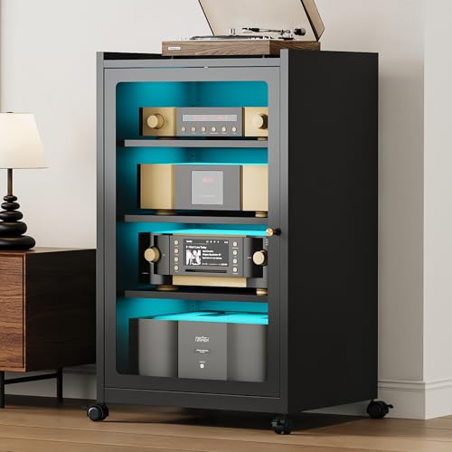Media Cabinet with LED Lights and Glass Door, Metal Stereo Cabinet Black | 13-Color LED Lights, Adjustable Shelves, Cable Management, Media Storage Cabinet for Meeting, Living, Gaming, Recording Room