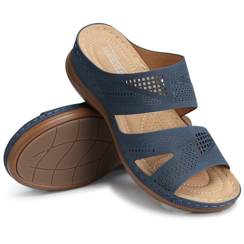 Image of SHIBEVER Wedge Sandals for Women Dressy: Comfortable Summer Casual Walking Sandals - Slip On Open Toe Low Wedge Shoes Size 5-11