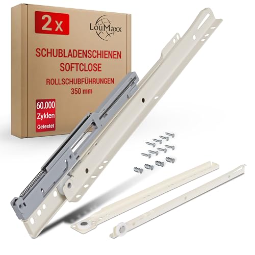 LouMaxx Schubladenschienen 350 mm selbstschließend mit Dämpfer - 2er Set (1 Paar) Rollschubführungen - Schubladen Auszugsschienen Softclose - Leichtgängiger Rollenauszug in weiß