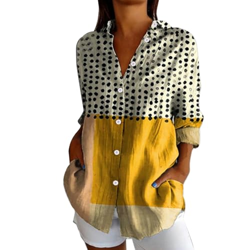 Image of Angxiwan Linen Blouses for Women UK Linen Shirt Women Oversized Long Sleeve Button Down T-Shirts Cardigans Fashion Artistic Print Tunic Tops Summer Casual Loose My+Orders A Yellow