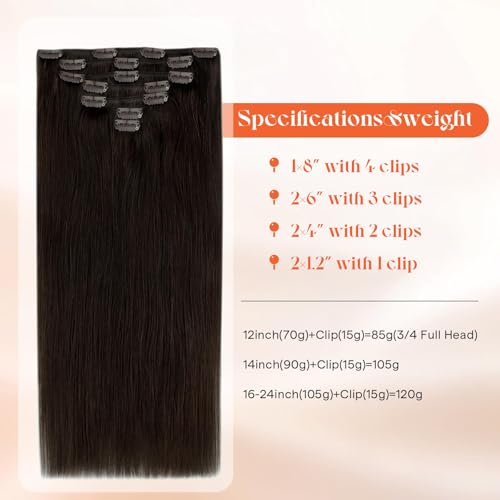Image of Sunny Hair Clip in Hair Extensions Real Human Hair for Women Dark Brown | Hair Extensions Clip ins for Thin Hair 14inch, Secure Hold, Silky Texture, Add Volume with Natural Look for Workday 105g