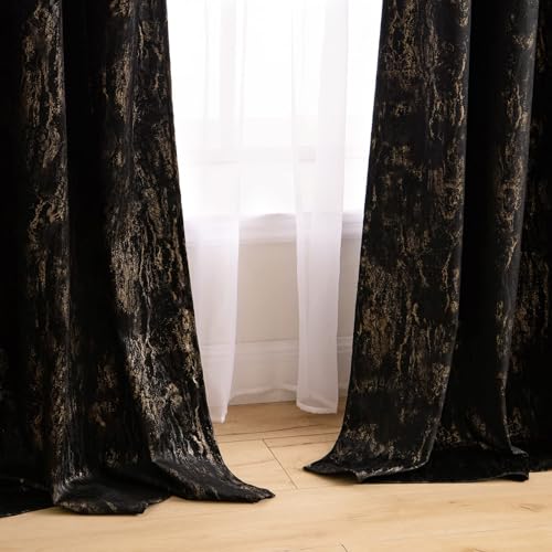 MIULEE Black Velvet Curtains with Gold Foil,2 Panel Set 72 Inch Drop Curtains,Blackout Curtains Bedroom Super Soft Thermal Insulated Eyelet Blackout Curtains for Living Room 46 x 72 Inch - Image 3