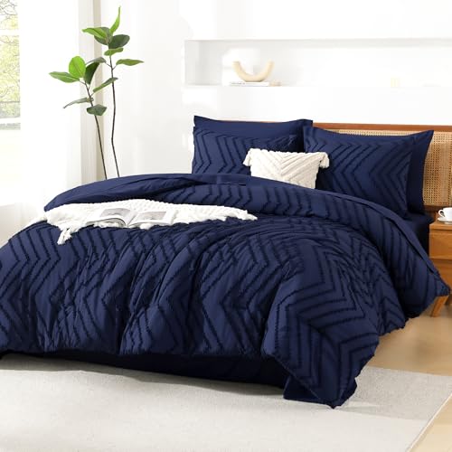 Image of Litanika Super King Size Comforter Set with Sheets Navy Blue - 7 Pieces Bed in a Bag Oversized King Boho Tufted Complete Bedding Sets with Comforter, Sheets, Pillowcases & Shams