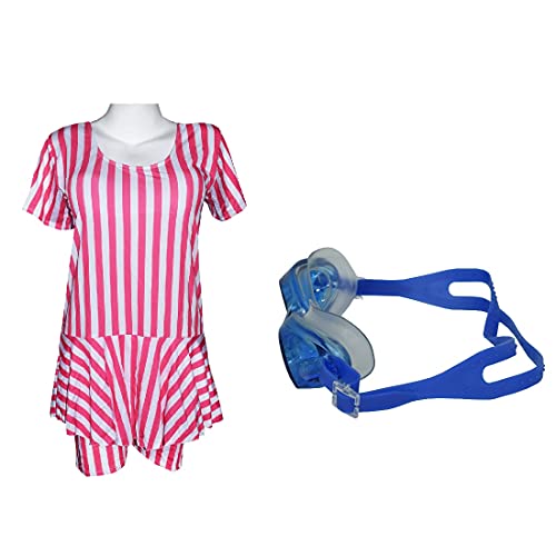 Image of I-SWIM LADIES COSTUME IS-104 WHITE /PINK LINES SIZE 3XL WITH GOGGLES SILICON JOINTLESS WITH BOX PINK
