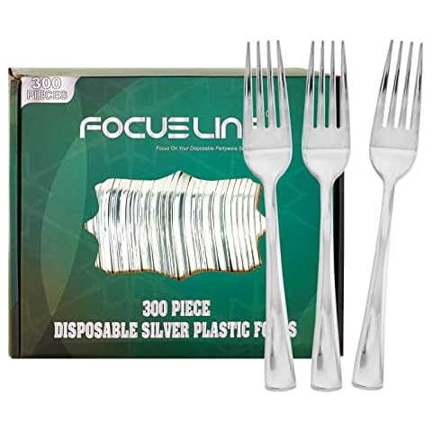 FOCUSLINE 300 Pack Disposable Silver Plastic Forks, Solid and Durable Plastic Cutlery Forks, Heavy Duty Disposable Utensil Silverware for Catering, Parties, Dinners, Weddings Cover