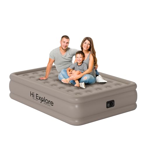 Hi Explore Air Mattress Full with Built in Pump Raised, with Comfortable Plush, Inflatable Blow Up Mattress, Portable Airbed for Home, Guests, Camping(Khaki, 18” Height)