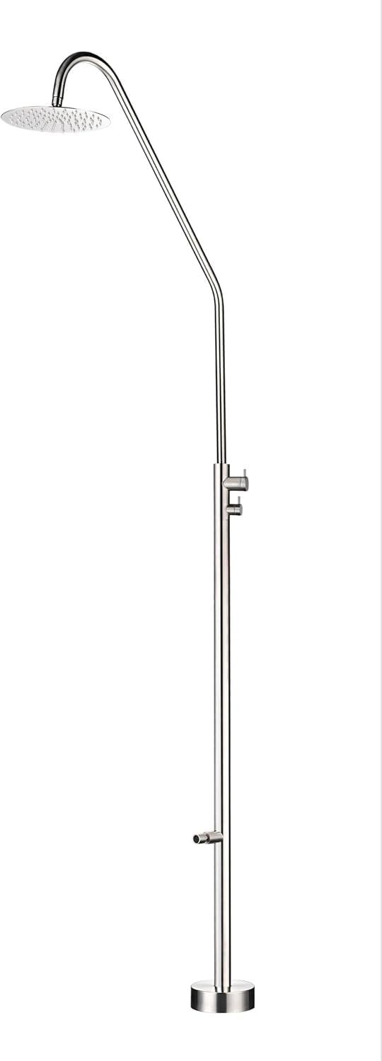 Mice - Ducha Exterior de Acero Inoxidable 316 para Piscina y Jardín, Rociador Redondo 25cm, 232cm Altura, con Grifo para Pies Color Acero Cepillado