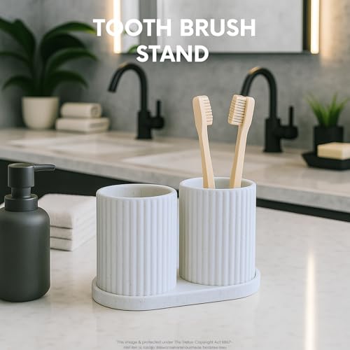 Image of Tooth Brush Holder Bathroom, Brush Holder for Bathroom Organizer, Toothbrush Holder Stand, Brush Stand, Comb Holder, Hostel Essentials for Girls College, Toothpaste Holder | Plastic | Marble Finish |