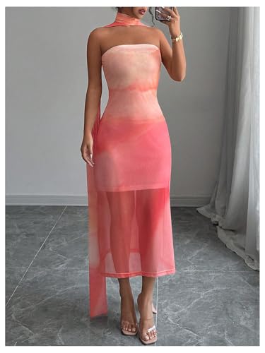 SweatyRocks Women's Ombre Sheer Mesh Tube Dress Strapless Sleeveless Midi Dresses with Neck Scarf3