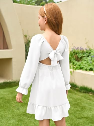 Haloumoning Girls Long Sleeve Dress Kids Square Neck Tie Backless Ruffle A-Line Mini Dresses 5-14 Years3