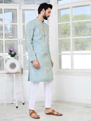 Image of See Designs Men's Full Sleeve Mandarin Collar Floral Embroidered Mandarin Collar Thread Work Straight Long Kurta with Pyjama - Festive Collection
