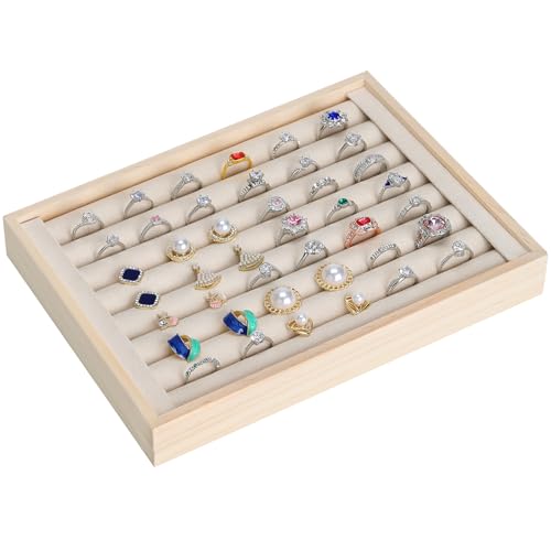 KUKUVR Wooden Ring Holder Tray, Velvet Jewelry Display Case for Earring Stud, Ring Stand Organizer Tray for Desktop Storage or Selling Show (Beige)