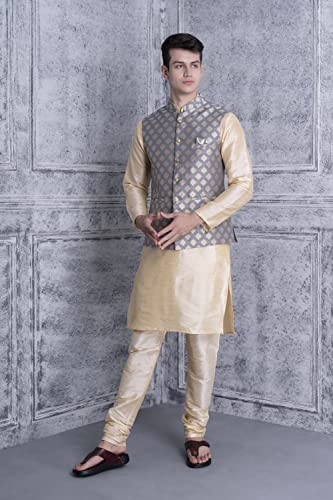 Image of Ethluxis Men's Silk Blend Navy Kurta Pyjama Set with Bundi Nehru Jacket Waistcoat