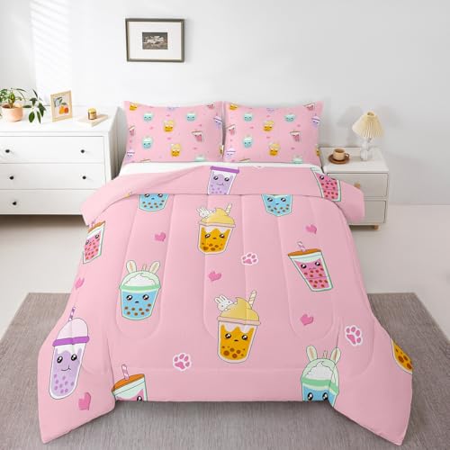 Image of Feelyou King Size Milk Tea Comforter Set - Cartoon Bubble Tea Bedding for Kids, Boys, Girls, Adults - 3Pcs Pearls Duvet Insert for Bedroom Decor
