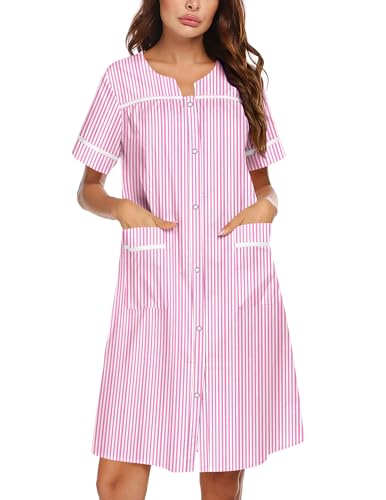 Image of Ekouaer Nightgowns for Women House Dress with Pockets Snap Front House Coat Short Sleeve Duster Moo Moos Sleepwear S-3XL