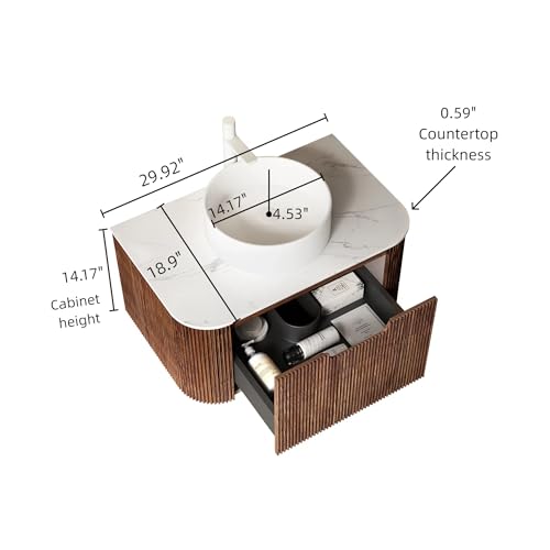 Image of KEIKI 30 inch Bathroom Vanity Cabinet with Sink Combo, Wall Mounted Curved Edges Striped Floating Bathroom Vanity with Soft-Close Drawer, White Round Ceramic Basin Without Faucet, Dark Walnut