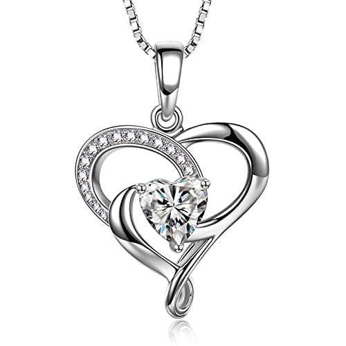 SUPRAONE Forever Love Heart Women Necklace 925 Sterling Silver White Gold Plated Birthstone Pendant Necklaces for Women Mom Wife with 5A Cubic Zirconia Valentine's Jewelry Gift Birthday Gift