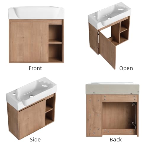 Image of 24 inch Wall Mounted Bathroom Vanity with Ceramic Sink, Modern Floating Bathroom Cabinet with Soft-Close Door & 2 Open Storage Shelves, Farmhouse Small Bath Vanity Set, Easy to Clean, Natural Oak