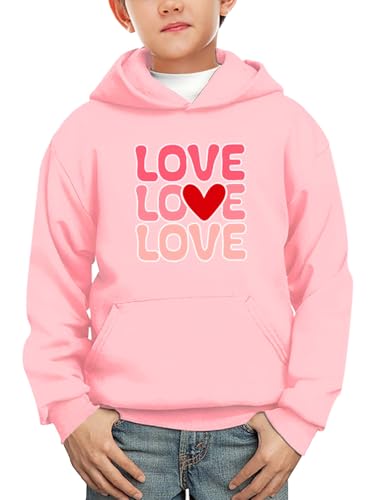 Pink Loving Heart Sweatshirt for Kids Valentine‘s Love Printed Hooded Top Long Sleeve Romantic Shirts 5-6 Years