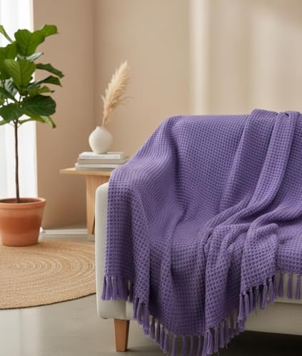 Image of 100% Cotton Waffle Weave Sofa Throw Blanket 50x60 Inches or 125x150 cms Lightweight, Soft & Breathable Couch, Bed or Chair Throw Blanket for Living or Bedroom, Lavender