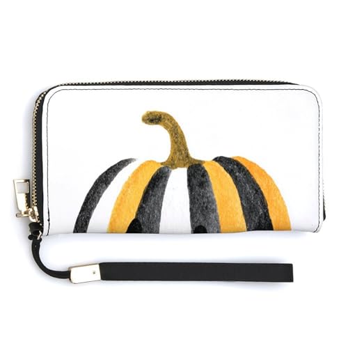 Black White Stripes Pumpkin PU Leather Clutch Long Bifold Wallet, Coin Purse Credit Pass Case, Durable Card-Holder Money Storage for Women Men