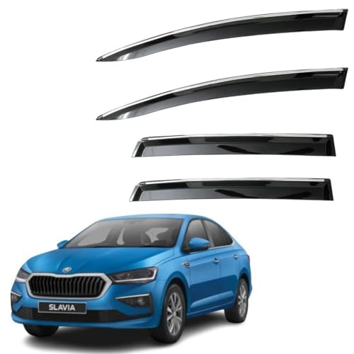 Image of CAR SAAZ Unbreakable Chrome Smoke Door Visor for Slavia (2022-Present)| Premium Sun, Rain Wind Deflector Chrome Strip Side Door Rain Visor - Set of 4 Pcs