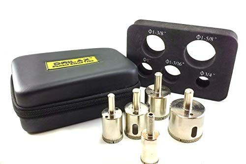 Drilax Diamond Hole Saw Drill Bit Set Longer Tall Version 3 4, 1, 1-3 16, 1- 3 8, 1-5 8 Inch Quartz Granite 3cm Thick Counter-top Ceramic Porcelain Tile 5 Pieces Set Insert Guide Included