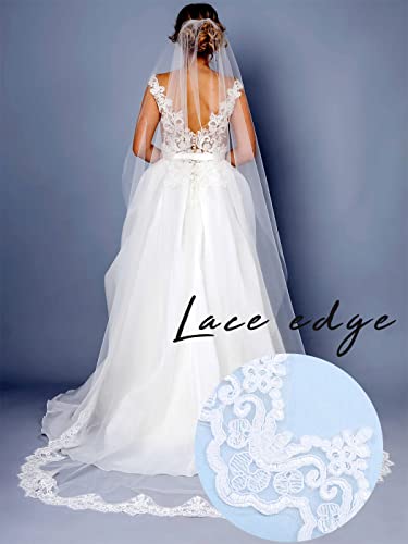 Unsutuo Lace Applique Bride Wedding Veil 1 Tier Short Fingertip Bridal Tulle Veil With Comb For Women And Girls (L:118",W:59", Ivory) #TOP3