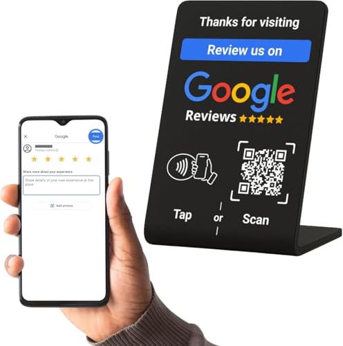 QRLynk NFC Google Review Acrylic Stand - Boost Customer Reviews 300% with Tap & Scan QR - Contactless Feedback for Small Business - No Subscription (Black 5.1" x3.5”)
