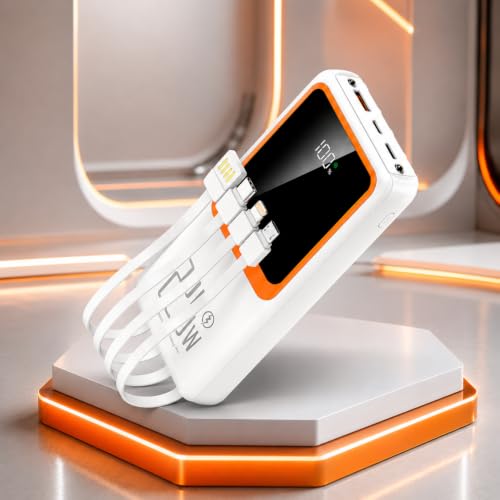 Power Bank 20000mAh Carregador Portátil Bateria Externa para Celular com Cabos Integrados, Carga Rápida, Display Digital, USB-C e Lightning (Branco)