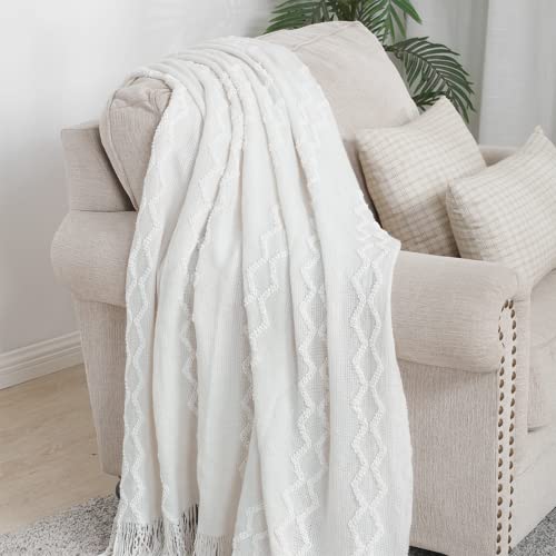 Bourina Fluffy Chenille Knitted Fringe Throw Blanket Lightweight Soft Cozy For Bed Sofa Chair Throw Blankets, Off White 50" X 60" #TOP1
