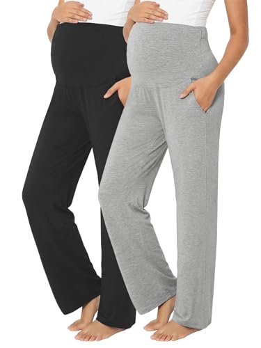 Summer Mae Viscose Maternity Pajama Pants Pregnancy Lounge Pant Soft Wide Leg Stretchy Yoga Trousers with Pockets Black/Light Grey Small