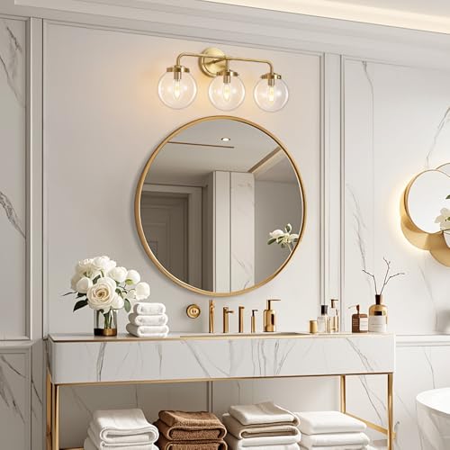 Image of Bathroom Vanity Light Fixtures Over Mirror, Modern Matte 3 Lights Wall Sconce Lighting with Transparent Glass Ball Shade, Mid Century Farmhouse Vanity Lights (Gold)