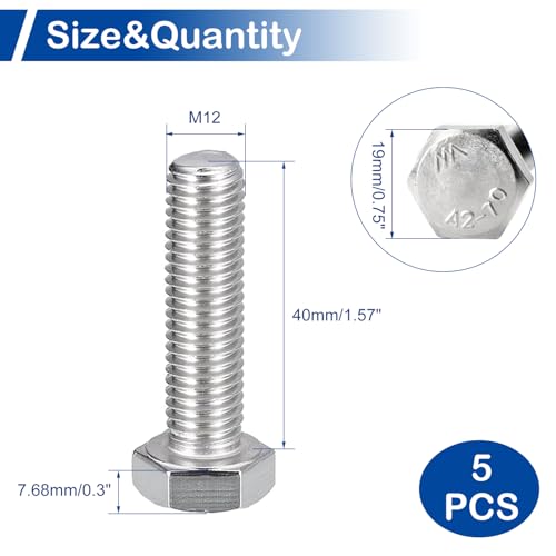 Image of MroMax 5Pcs M12-1.75 Hex Bolts, M12 x 40mm Hex Head Screws Bolts | 304 Stainless Steel 18-8, Fully Threaded, External Hex Drive, for Heavy Hinge and Steel Structure Joint Connection