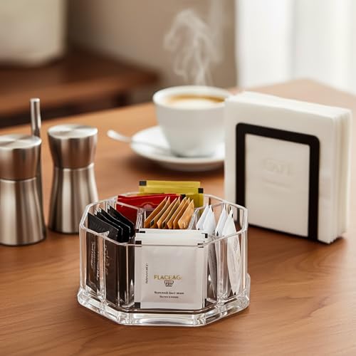 Image of Hiceeden Acrylic Tea Bag Organizer, 5 Compartment Sugar Packets Holder Divided Coffee Condiment Storage Caddy Box for Kitchen Cabinet, Countertop, Tabletop