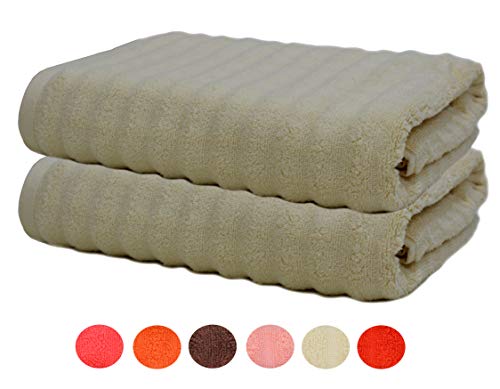 SweetNeedle - Paquete de 2 - Toalla de baño Acanalada Rugosa cerosa 76 x 137 Marfil, 580 gsm Suave 100% algodón sin torcer, Peso Pesado y Absorbente